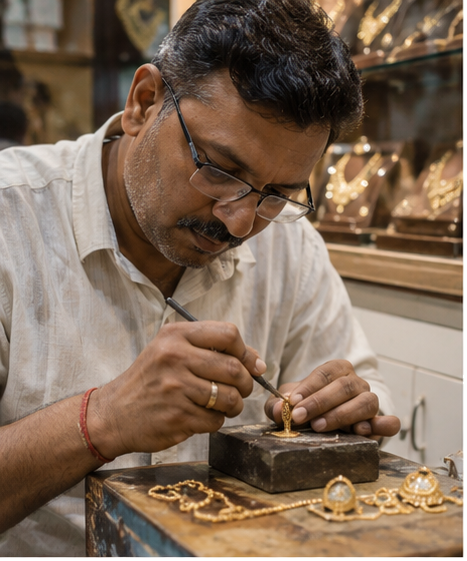Karigar shaping a jewellery piece at workbench