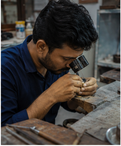 Karigar doing fine detailing on a jewellery item