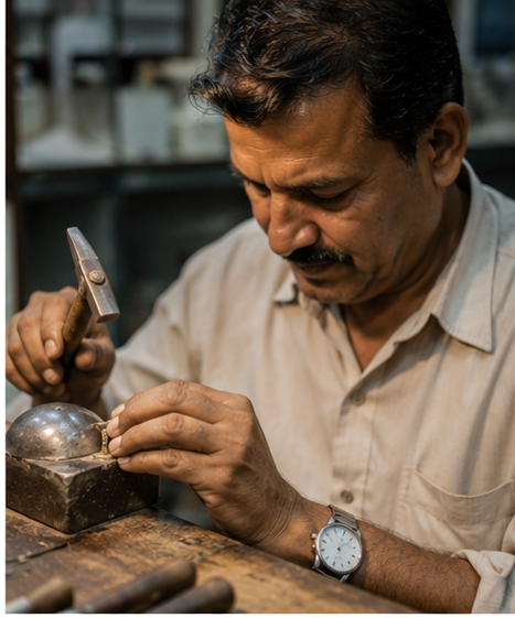 Karigar polishing jewellery in workshop