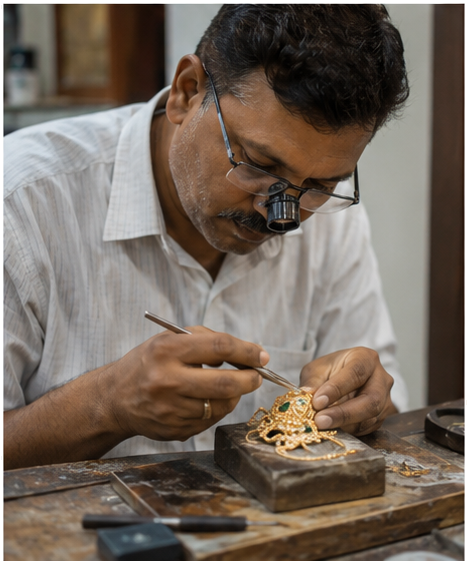 Karigar inspecting finished jewellery quality